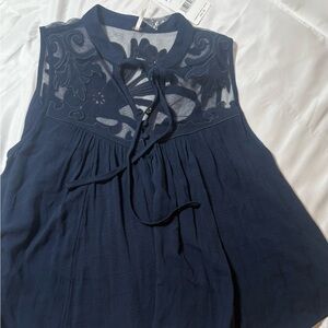 NWT FP Movement by Free People Navy Embroidered Blouse